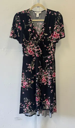 White House Black Market Floral Faux Wrap High Low Midi Dress Black Pink 4 thumbnail 1