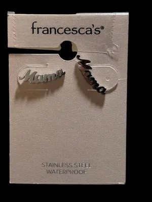 Francesca's Mama Script Stud Earrings Silver Tone Stainless Steel Waterproof thumbnail 1