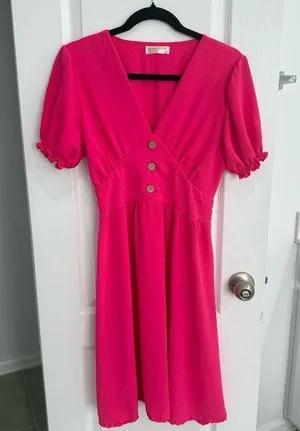 Seven Islands Pink Midi Sundress with Puff Sleeves and V-Neck Small thumbnail 1