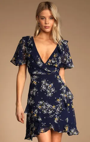 Lulus Spring Sweetheart Navy Blue Floral Flutter Sleeve Mini Dress S thumbnail 1