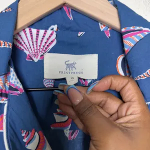 Printfresh Women Cotton Pajama Top XS Blue Seashell Starfish Button Front Pocket thumbnail 3