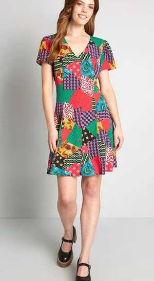 Dangerfield x ModCloth patchwork multi button front viscose dress, size 14 XL thumbnail 2