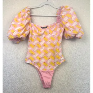 Zara Bodysuit Womens Medium Pink Puff Sleeve Geometric Smocked Babydoll Milkmaid thumbnail 2