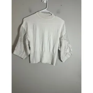 Club Monaco Womens White Mixed Media‎ Puff Sleeve Mock Neck Sweater Small S/P thumbnail 2
