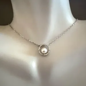 Sterling Silver White Pearl Diamond Signed CP 925 Pendant Necklace NWOT thumbnail 1