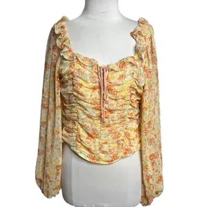 Free people Mable floral top‎ peach Sz S balloon sleeve thumbnail 7