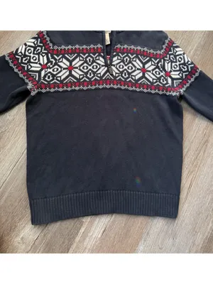 VTG L.L. Bean Cotton Quarter Zip Sweater Red White Navy Fair Isle Cottage Size M thumbnail 2