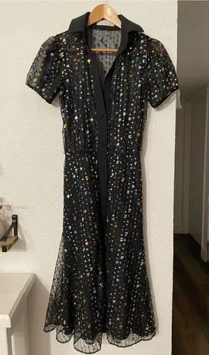 Dress the Population Black Sequin Collared Midi Dress Multicolor Button Down XS thumbnail 1