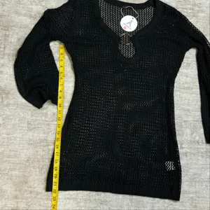 Anrabess Women’s Small Black Crochet Swimsuit Coverup Dress Long Sleeve Plunging thumbnail 3
