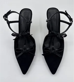 J Crew Double Bow Slingback Heels Black Size 8.5 Pointed Toe Suede Feel thumbnail 1