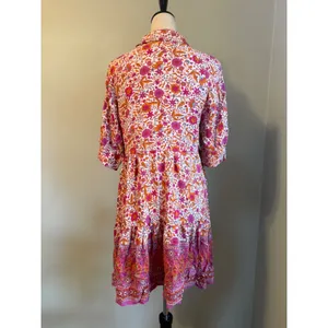 Natural Life Floral Tiered Boho Mini Dress Pink Orange Rayon Small whimsi dainty thumbnail 6