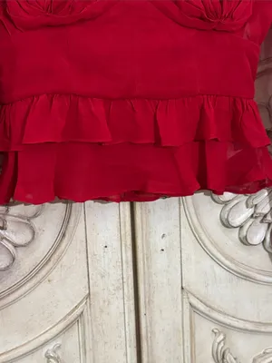 FARM Rio Red Ruffled Sheer Long-Sleeve Peplum Blouse Size Small thumbnail 7
