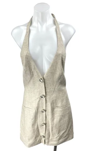 Retrofête Blaine Beige Linen Sleeveless Halter Backless Mini Bodycon Dress Sz S thumbnail 1