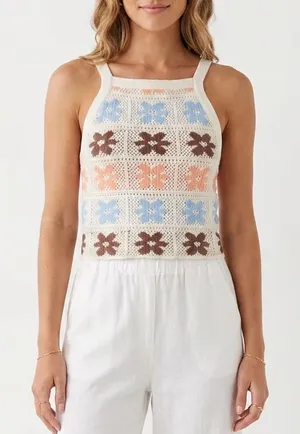 Hippie Rose Tank Top Womens XS Crochet Floral Multi Color Boho Cropped Excellent thumbnail 1