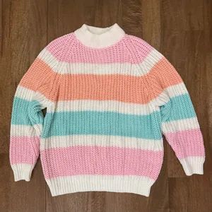 VTG One Step Up Pastel Rainbow Striped Mock Neck Chunky Knit Sweater L Pink Teal thumbnail 1