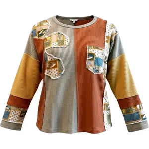 Easel Daisy Patchwork Top Multicolor Boho Waffle Knit Long Sleeve Women‎ Small thumbnail 1