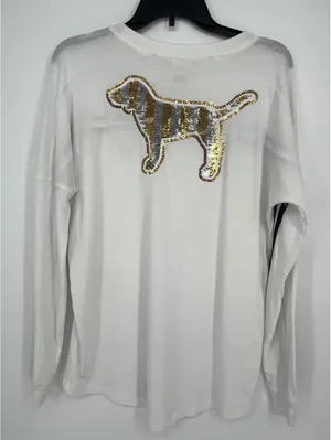 PINK - Victoria's Secret Gold Sequin Dog Campus Oversized‎ Tee Women XS White Black thumbnail 1