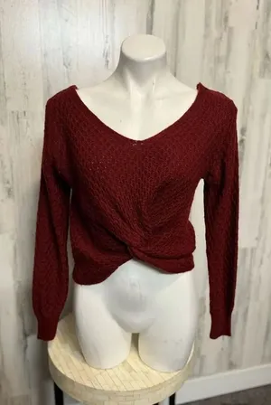 Burgundy Twist Front Waffle Knit Long Sleeve Sweater – Size Small thumbnail 1
