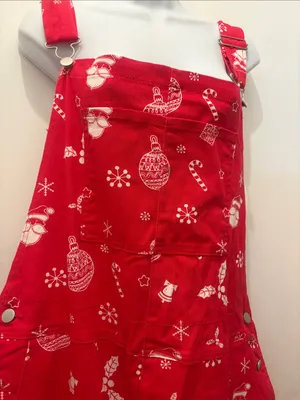 Christmas Red Printed Women’s Jeans Overalls with Holiday Motif size Large new thumbnail 2