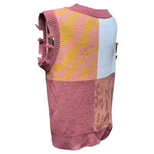 Umgee Wild Ride Sweater Vest Distressed V-Neck Red Brick Animal Print Small thumbnail 3