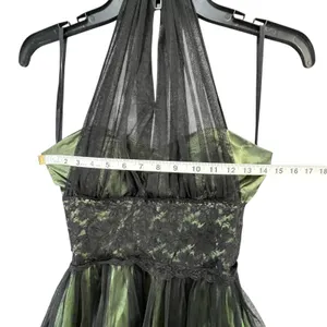 Vintage Y2K Cumbia Dress‎ XS Green Satin Black Mesh Goth Dark Fairy Whimsygoth thumbnail 5