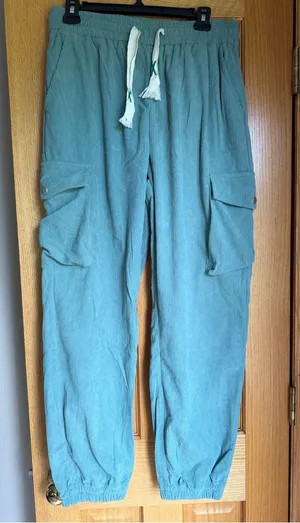 Corduroy Cargo Jogger Pants Teal Blue Elastic Drawstring Lounge Trousers Large thumbnail 1