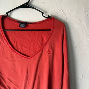 Ralph Lauren Sport Orange Red V-Neck Long‎ Sleeve Cotton Blend Top Size L Preppy thumbnail 2