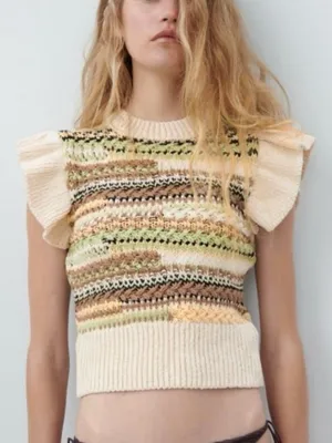 Zara Flutter Sleeve Knit Sweater Vest Striped Cottagecore Fall Small thumbnail 1
