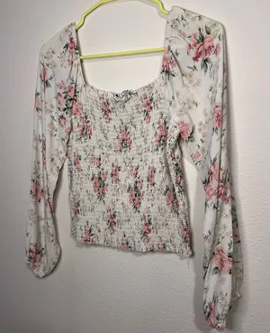 American Eagle Floral Smocked Top in Pink and Cream thumbnail 1