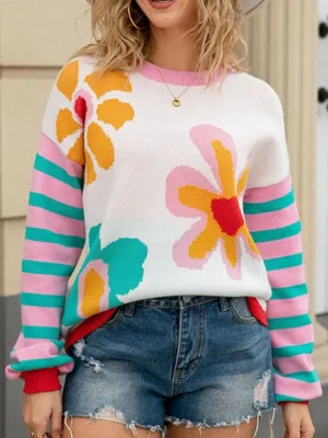 NEW Boutique Floral Striped Mixed Print Crewneck Sweater Summer Spring Bright thumbnail 1