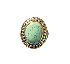 Silver Tone Cocktail Statement Ring Faux Turquoise Southwestern Tibetan Sz 6.75 thumbnail 1