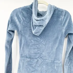 Iets Frans UO Womens Loungewear Kenny Plunge Neck Hooded Velour Jumpsuit XS Blue thumbnail 10