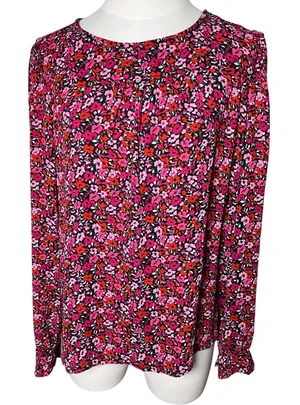 Romantic Floral Long Sleeve Blouse Pink Red‎ J.Crew Womens Size M thumbnail 1