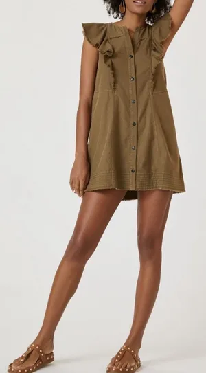 Anthropologie Pilcro Flutter-Sleeve Buttondown Tunic Mini Dress Moss XSmall thumbnail 1