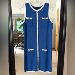 NEW Sleeveless Blue & White Dress With Pearl Buttons thumbnail 5