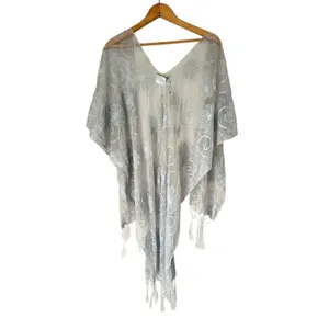 CrossTree Lane Sheer Embroidered Mesh Lace Kimono Boho Fairy Fringe Gray‎ OS thumbnail 4