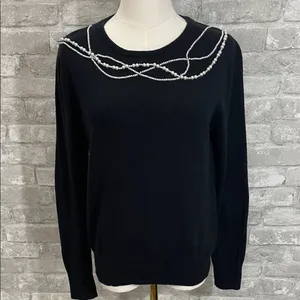 Anthropologie Field Flower Black Sweater with Pearl Accents thumbnail 1