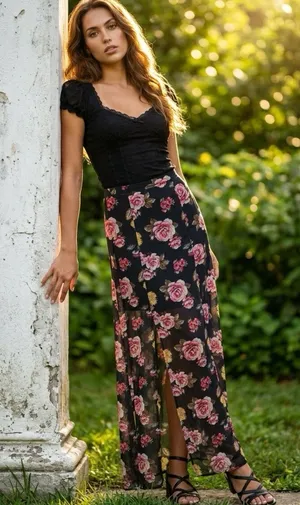 Dark Floral Sheer Maxi Skirt Samll Double Slit Romantic Dark Fairy Whimsigoth thumbnail 1