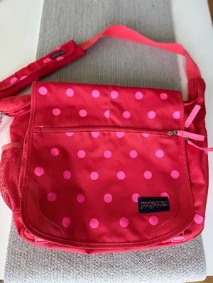 Jansport Red Oversized Messenger Bag with Pink Polka Dots thumbnail 11
