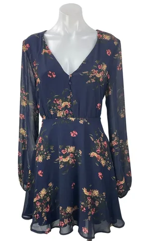 NEW Lulus Blue Floral Long Sleeve Mesh V Neck Button Fit & Flare Mini Dress Sz M thumbnail 1