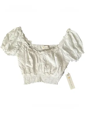 Ocean Drive white eyelet milkmaid cottagecore smocked hemline cropped boho top M thumbnail 4