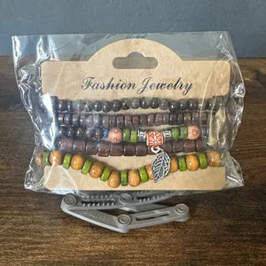 Boho Green and Brown Layered Beaded Bracelet with Leaf Charm thumbnail 1