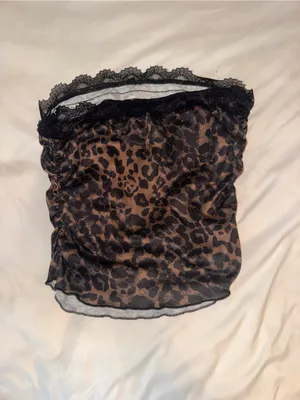 Leopard Print Lace-Trim Tube Top - Brown/Black thumbnail 2