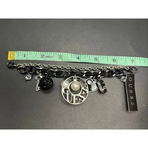 New! Guess Black Silver Tone Chunky Charm Faux Pearl Rhinestone Heart Bracelet thumbnail 6