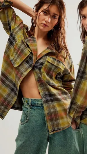Free People Grunge 90s Flannel Plaid Izzie Cargo Shirt Jacket Shacket Medium thumbnail 1
