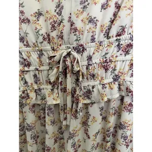 Boho Floral Tiered Maxi Dress V-Neck Smocked Waist Cream SzM Perfect for Fall! thumbnail 8