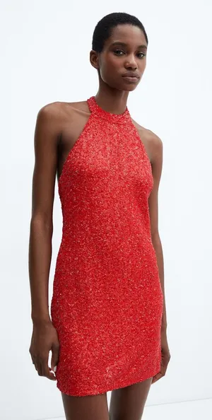 NWT Mango Red Sequined Halter Neck Mini Dress Cocktail Party Glam Bling Size 8 thumbnail 1