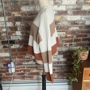 Moon & Madison Striped Knit Sweater - White, Tan, and Brown Size L thumbnail 2