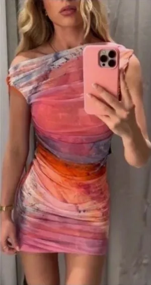 Zara Pink sunset Multiwatercolor Ruched Mini Dress sz m thumbnail 1