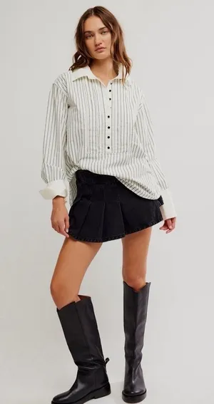 Free People We the Free After Hours Stripe Oversized 1/4 Button Down Top size xs thumbnail 1